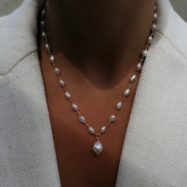 Boho Perlen Halskette, Rosenkranz Süßwasser Perle Charme Halskette, Braut Draht gewickelt Halskette, Hochzeitsschmuck