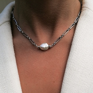 Silver keshi pearl necklace, pearl charm necklace, stainless steel chain necklace, genuine freshwater pearl jewelry, gift for her