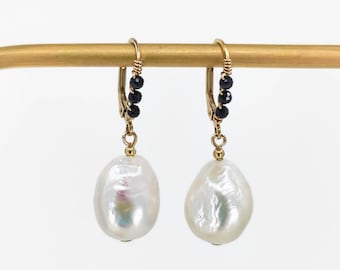 Freshwater pearl and black spinel dangle earrings, 14k gold filled gemstone jewelry