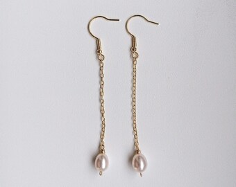 Long pearl chain earrings, gold filled dangle earrings, bridal jewelry