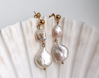 Dangle pearl earrings, long keshi earrings, bridal jewelry, gift for her