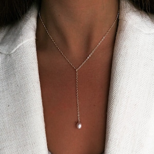 Single pearl Y necklace, gold chain lariat necklace, dainty bridal jewelry
