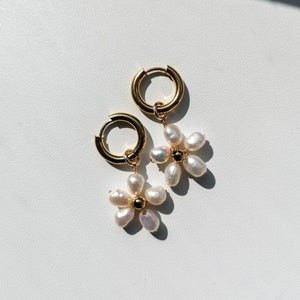 Gold Daisy Hoop Earrings: Baroque Pearl Flower Charms
