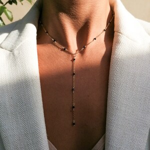 Black spinel lariat necklace, gemstone Y necklace, dainty chain jewelry, gift for her