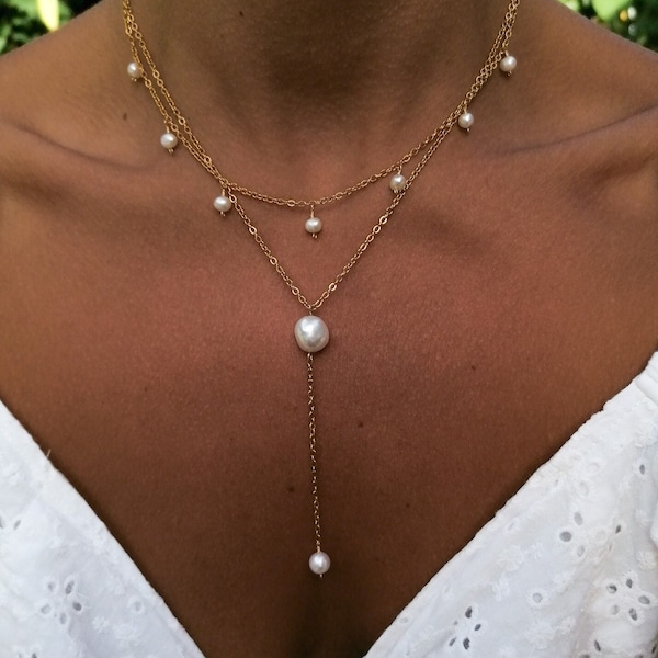 Boho pearl necklace stack, bridal jewelry, wedding necklace layering, gift for her, pearl charm necklace