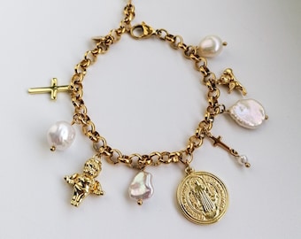 Gold charm bracelet, angel pendant bracelet, cross bracelet, freshwater pearl jewelry, gift for her