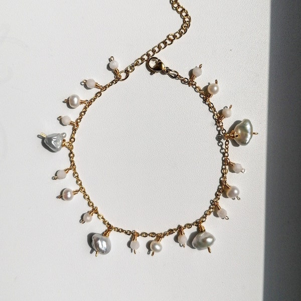 Moonstone pearl charm anklet, adjustable chain ankle bracelet, gemstone body jewelry, boho bridal anklet