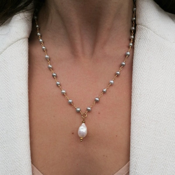 Pearl charm necklace, gray pearl necklace, freshwater pearl jewelry, gift for her, rosary style jewelry