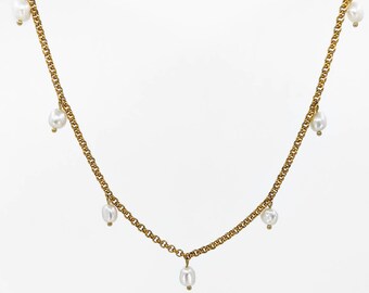 Multi Pearl charm chain necklace, gold tarnish resistant stainless steel jewelry