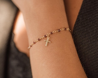 Garnet rosary bracelet with cross charm, 14k gold filled jewelry, january birthstone