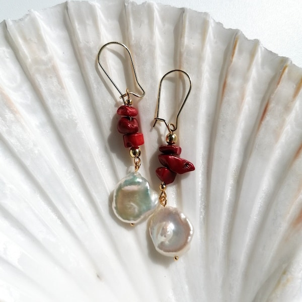 Coral pearl long earrings, keshi pearl dangle earrings, summer fashion jewelry, gift for her