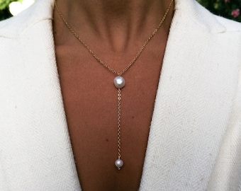 Freshwater Pearl Y Necklace: Gold Plated Lariat Bridal Jewelry
