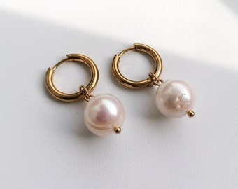 Pearl hoop earrings, real pearl dangle earrings, freshwater pearl jewelry, modern bridal accessory, large pearl earrings