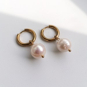 Pearl hoop earrings, real pearl dangle earrings, freshwater pearl jewelry, modern bridal accessory, large pearl earrings image 1