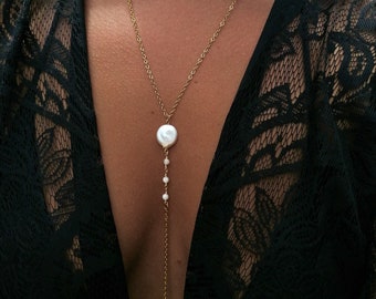 Pearl moonstone lariat necklace, boho gold Y necklace, keshi coin pearl body chain, bridal jewelry set