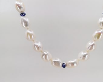 Sapphire pearl necklace, knotted baroque pearl strand, blue sapphire jewelry, gift for her, september birthstone gift