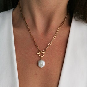 Keshi Pearl Toggle Necklace: Gold Paperclip Chain, Tarnish Free