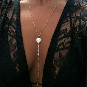 Pearl moonstone lariat necklace, boho gold Y necklace, keshi coin pearl body chain, bridal jewelry set