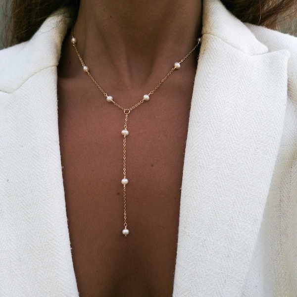 Pearl lariat necklace, pearl chain Y necklace, bridal jewelry, gift for her