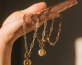 Zodiac Sign Gold Coin Toggle Chain Necklace: Waterproof Horoscope Jewelry