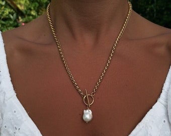 Gold Chunky Chain Necklace: Baroque Flameball Pearl Toggle Pendant