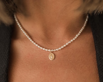 Madonna pendant pearl necklace, 14k gold filled jewelry
