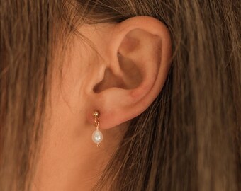 Small pearl drop earrings, gold dainty bridal droplets, PVD gold plated stainless steel jewelry