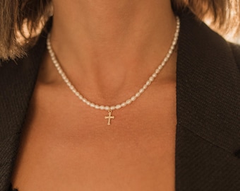 Freshwater pearl necklace with cross charm, adjustable lenght, 14k gold filled pendant