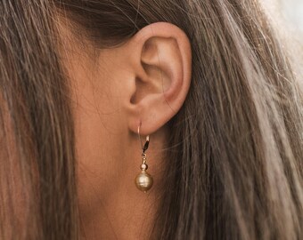 Yellow south sea pearl dangle leverback earrings, 14k gold filled jewelry