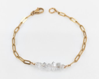 Paperclip chain bracelet with herkimer diamonds, quartz gemstone jewelry for everyday wear