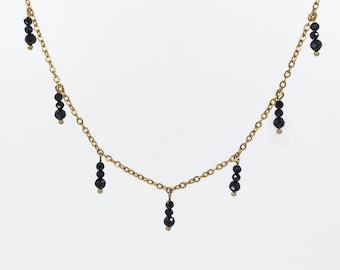 Black spinel charm chain necklace, PVD gold plated tarnish resistant jewelry