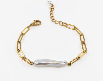 Biwa pearl link chain bracelet, freshwater pearl jewelry form stainless steel, tarnish resistant