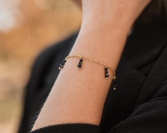 Black spinel charm chain bracelet, black gemstone tarnish resistant jewelry