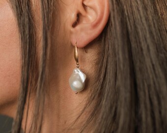 Statement Flameball Pearl Dangle Earrings, PVD Gold Plated Stainless Steel Jewelry