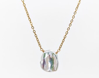 Keshi pearl charm necklace, dainty stainless steel jewelry