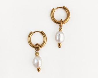 Gold pearl hoop earrings, tarnish resistant stainless steel, boho jewelry