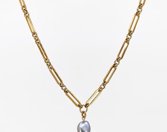 Gray Baroque pearl pendant necklace, PVD gold plated chain necklace, jewelry for every day