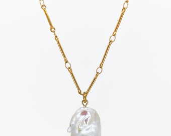 Big baroque pearl pendant necklace, Stainless steel chain jewelry