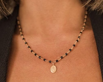 Madonna pendant rosary necklace from black spinel beads, 14k gold filled jewelry