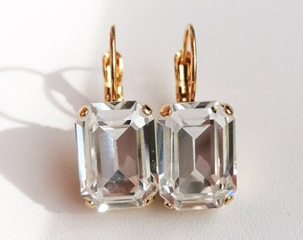 Emerald cut earrings, clear octagon crystal earrings, bridal wedding drop earrings