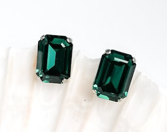 Emerald octagon stud earrings, green crystal earrings, bridal wedding jewelry
