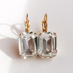 Emerald cut earrings, clear octagon crystal earrings, bridal wedding drop earrings