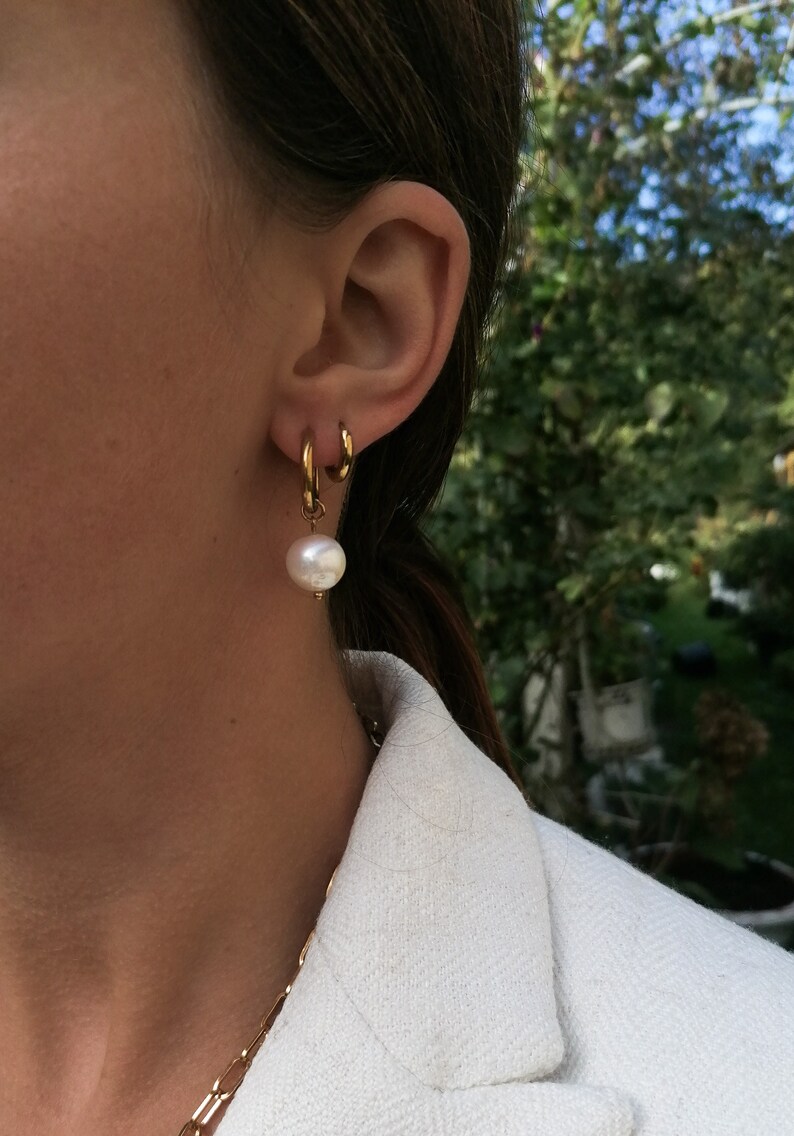 Pearl hoop earrings, real pearl dangle earrings, freshwater pearl jewelry, modern bridal accessory, large pearl earrings image 2