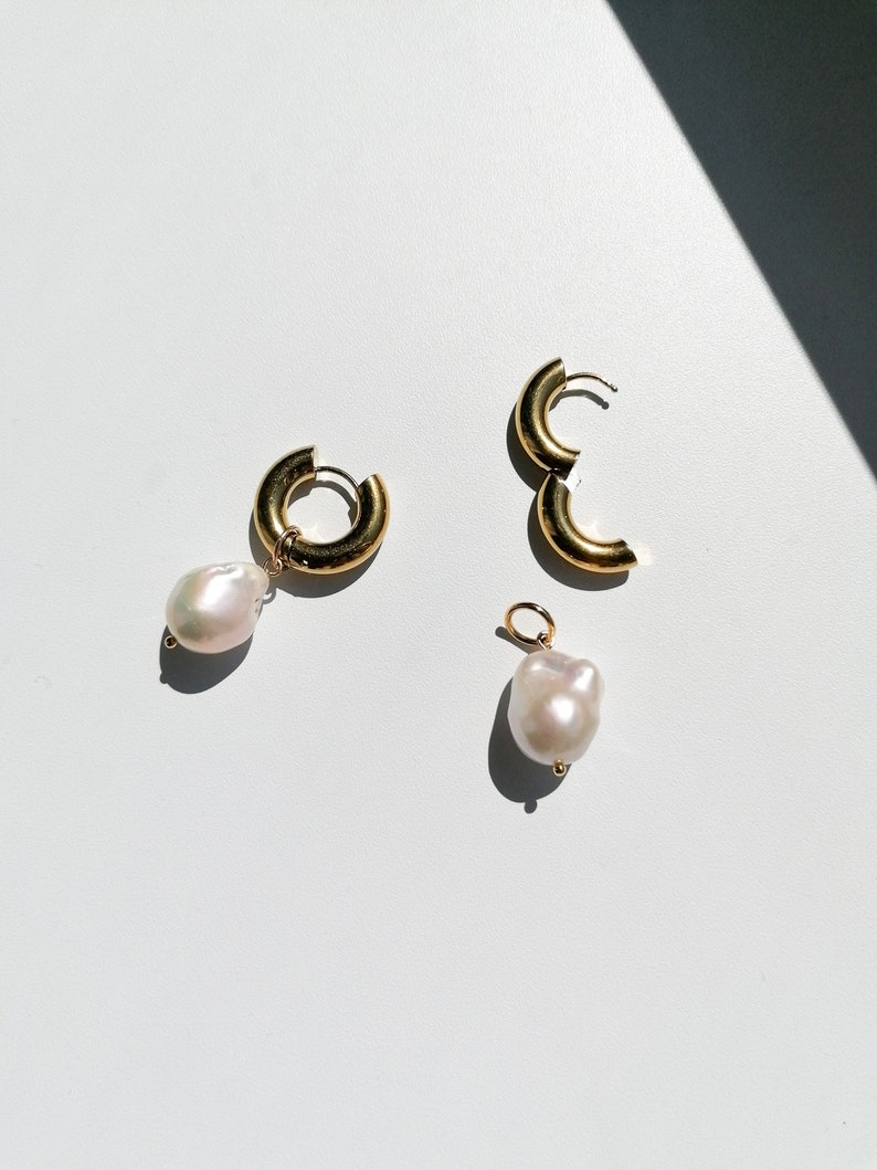 Chunky pearl hoop earrings, large barique pearl earrings, flameball pearl jewelry, gift for her image 7