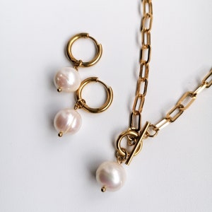 Pearl hoop earrings, real pearl dangle earrings, freshwater pearl jewelry, modern bridal accessory, large pearl earrings image 8