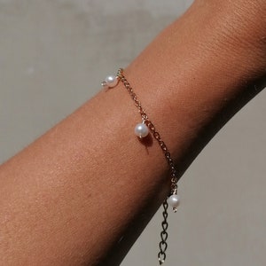 Pearl charm bracelet, dainty pearl chain bracelet, boho bridal jewelry, june birthstone gift image 2
