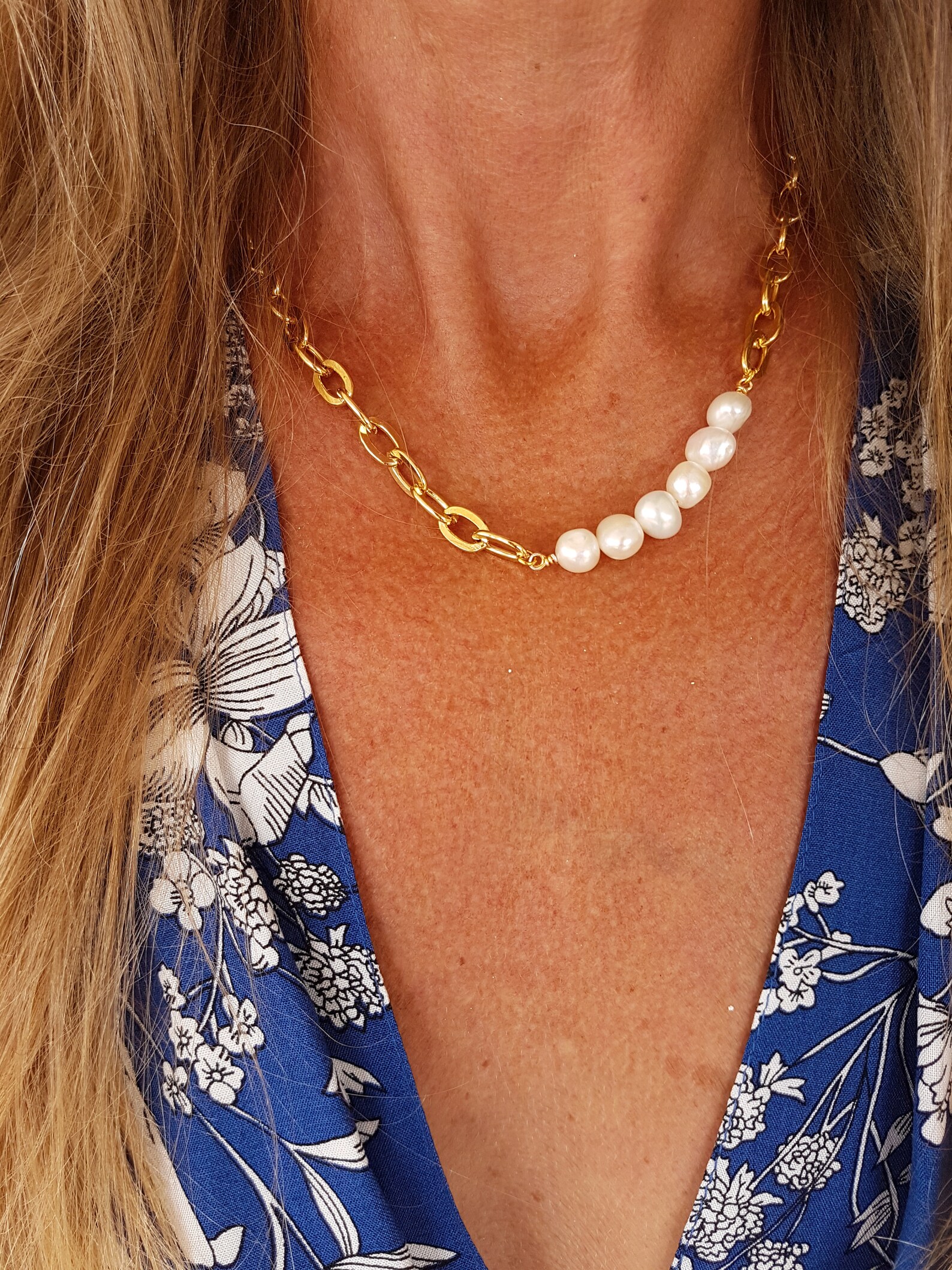 Chunky pearl necklace half pearl necklace gold chain Etsy