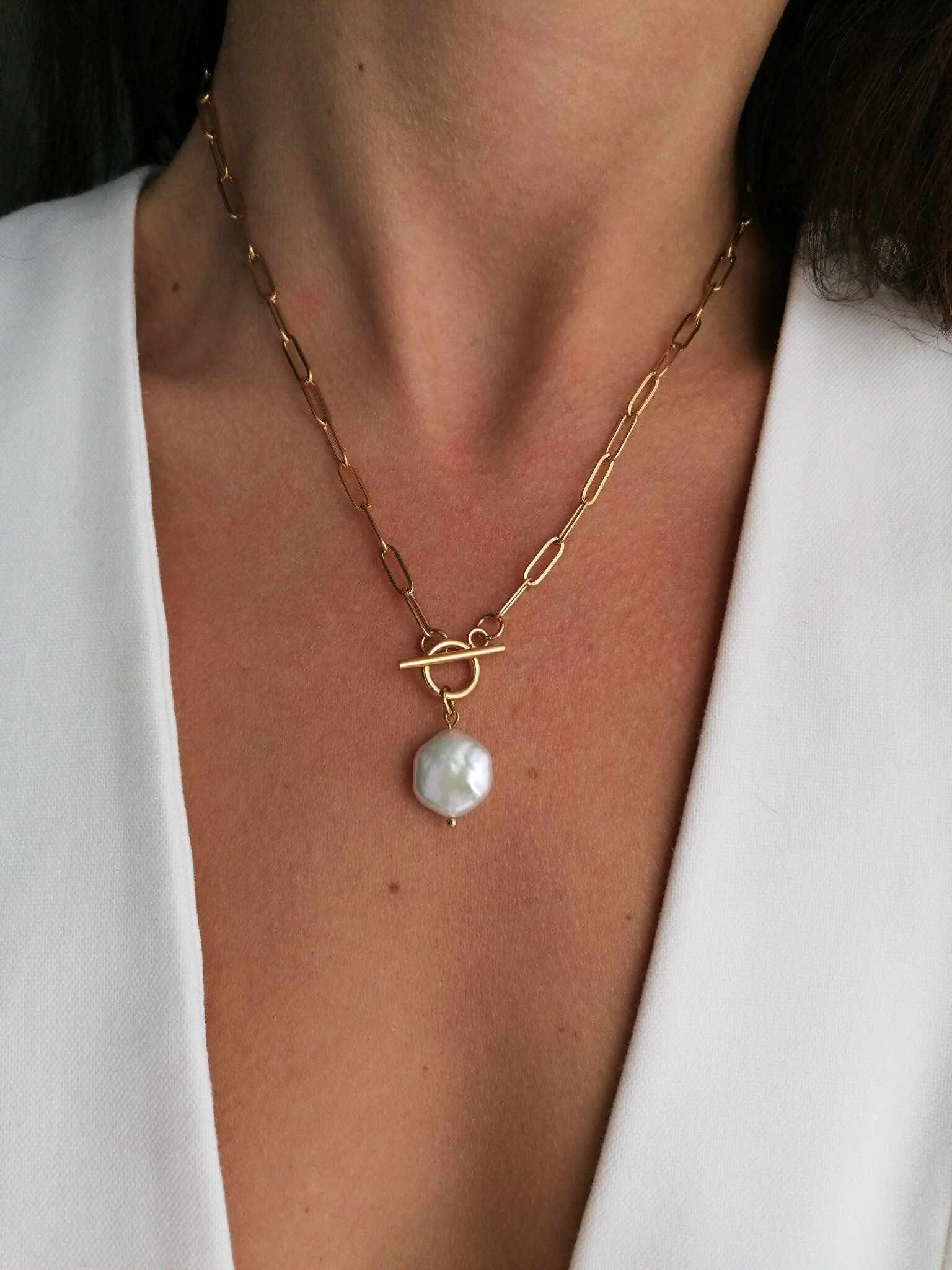 Pearl Toggle Necklace, Keshi Charm Necklace, Big Freshwater