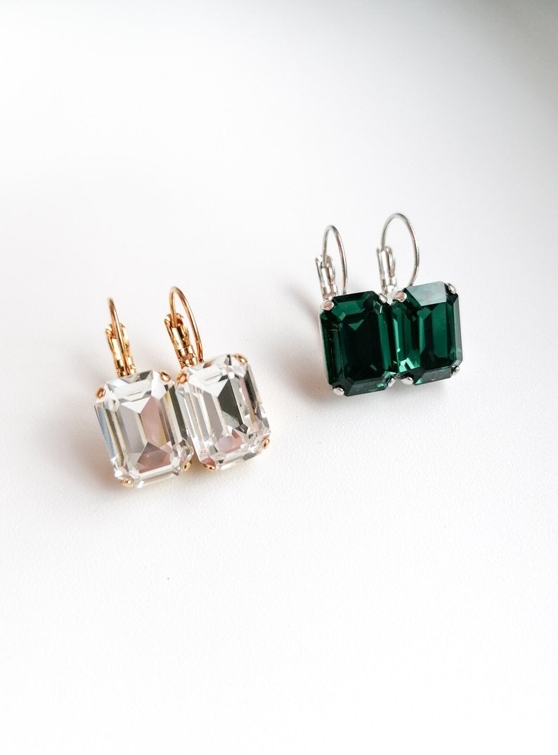 Emerald cut earrings, clear octagon crystal earrings, bridal wedding drop earrings image 4