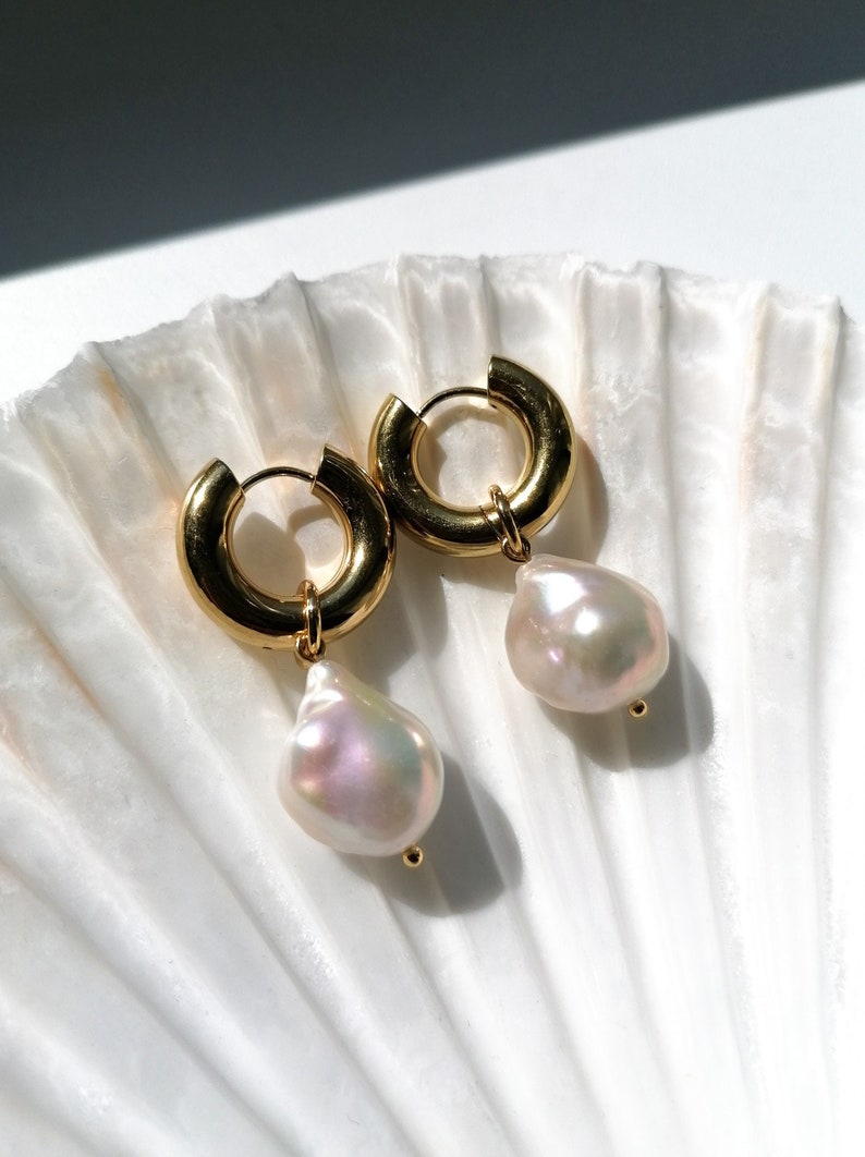 Chunky pearl hoop earrings, large barique pearl earrings, flameball pearl jewelry, gift for her image 1